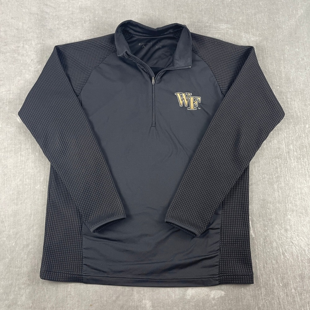 Wake Forest Men L Black Antigua Quarter Zip Pullover Waffle Knit Logo